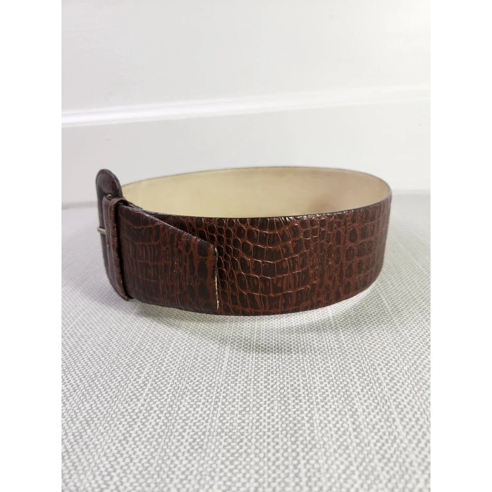 The Ritz Accessories S/M Wide Brown Leather Belt Croc Embossed Women